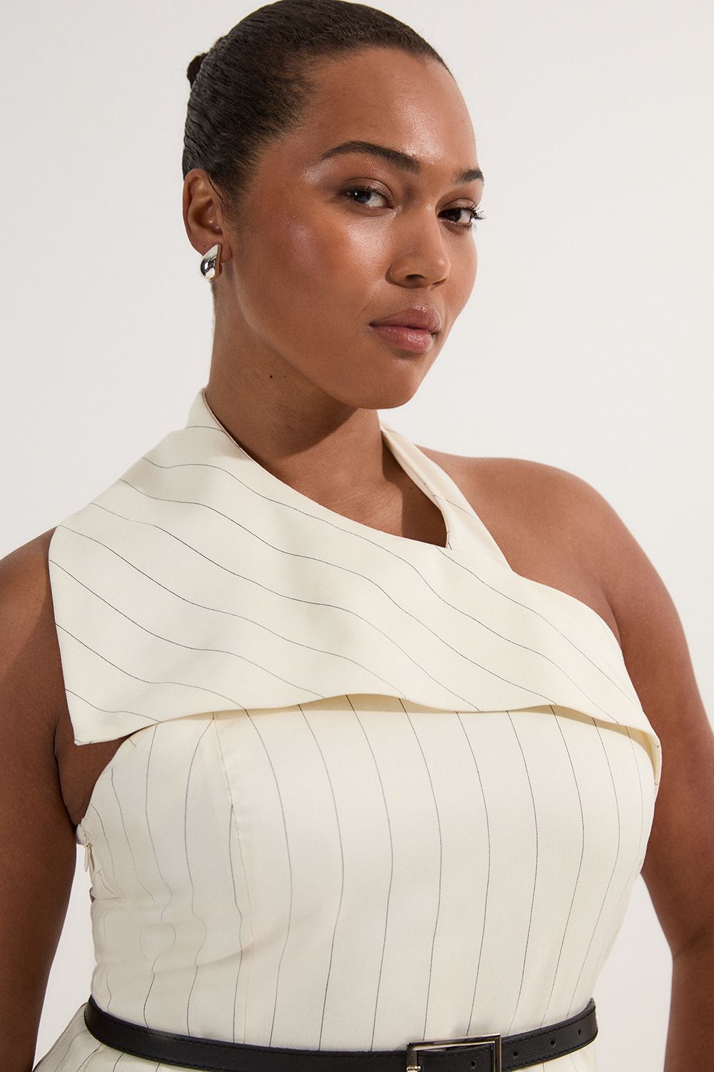 KarenMillen Plus Size Premium Linen Viscose Pinstripe Halter Neck Belted Full Skirted Midi Dress