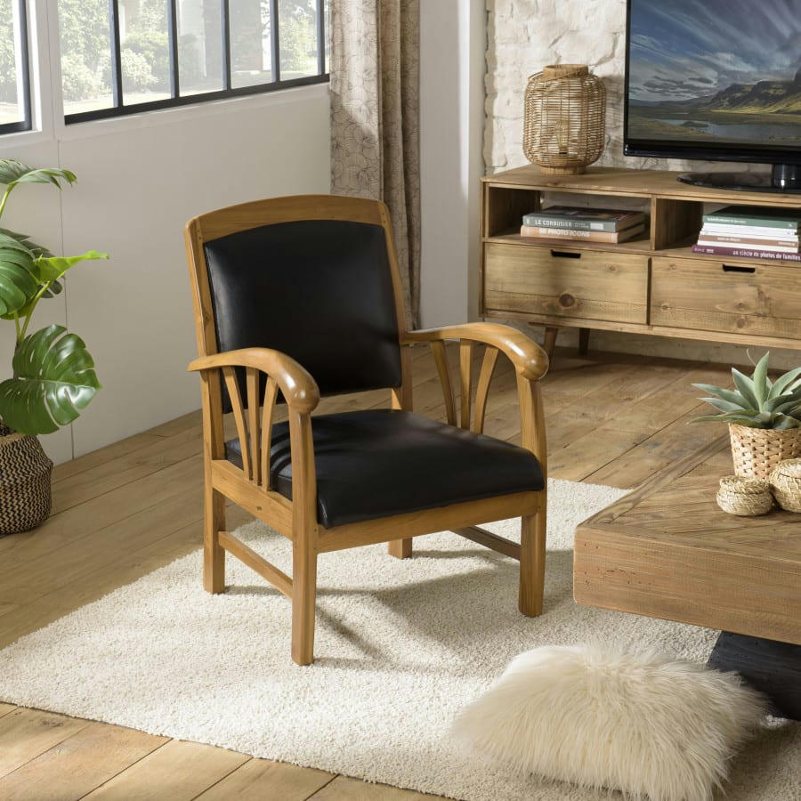 ERIS - Fauteuil en teck et cuir noir