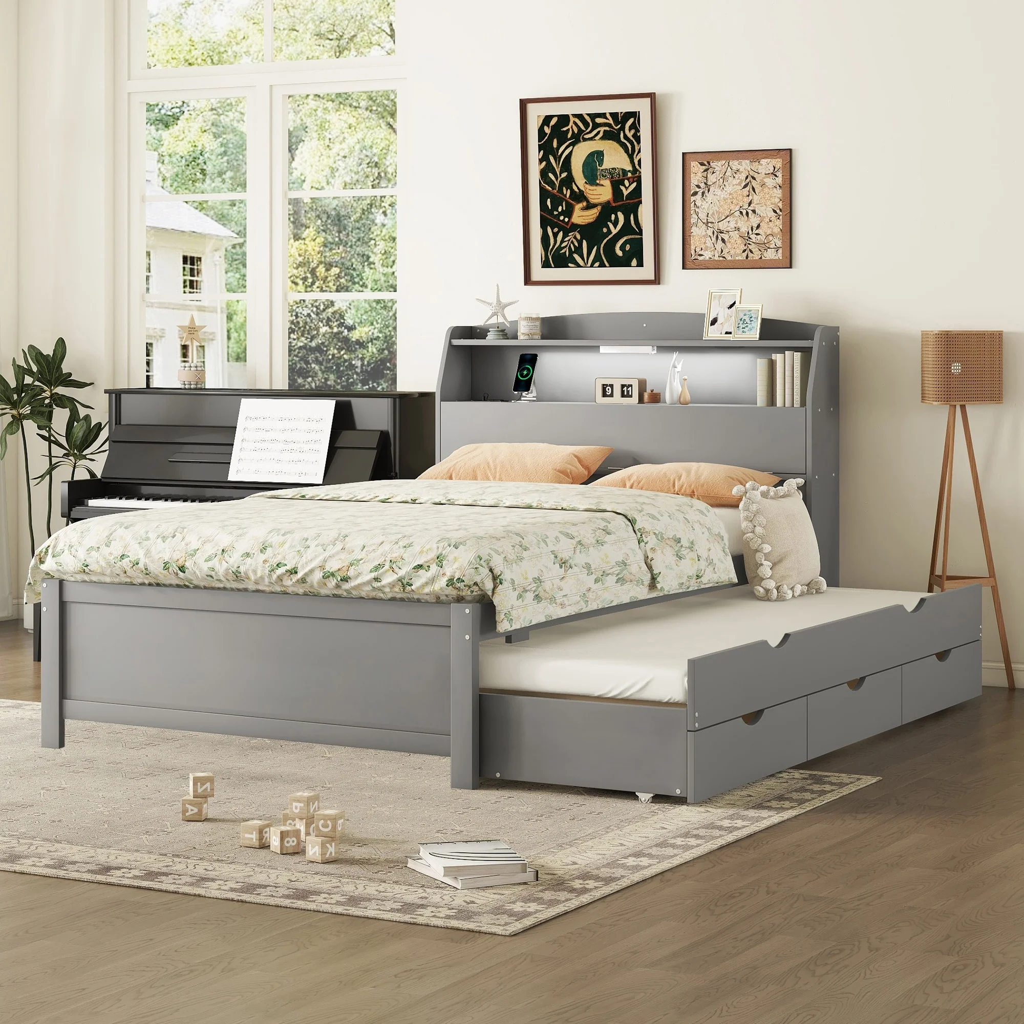 Full Size Wooden LED Platform Bed with Trundle, with Storage Headboard, with Drawers