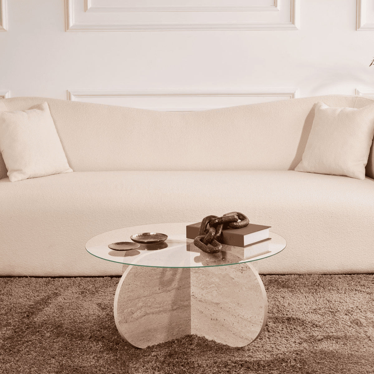 Calicosy - Salontafel met gehard glazen blad AERIS - Travertijneffect