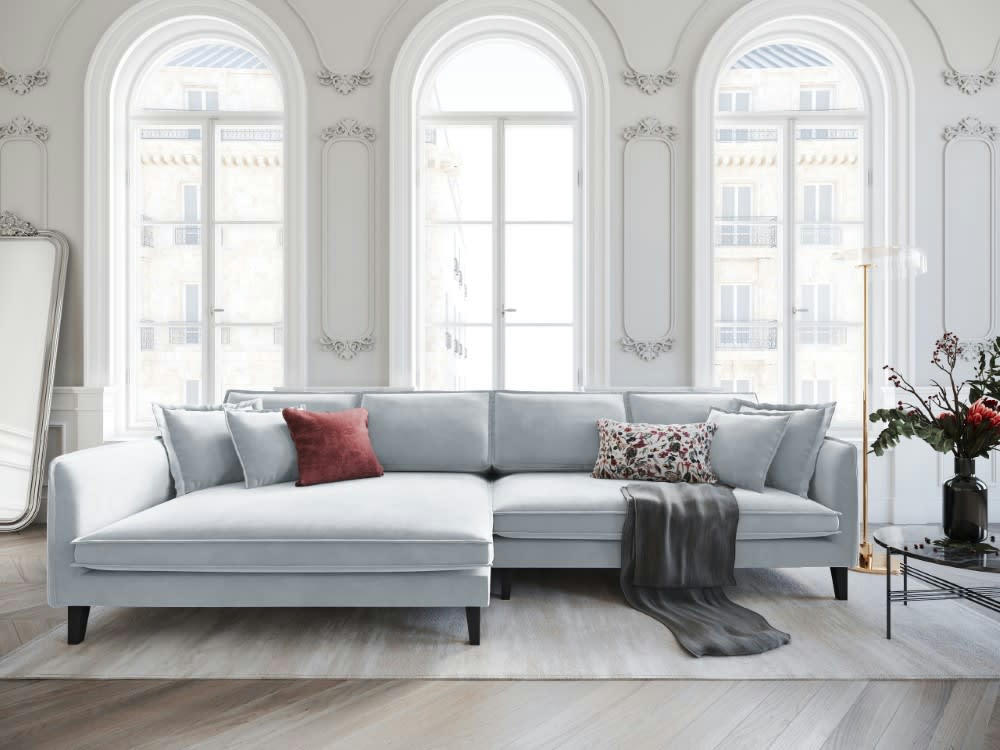 PROVENCE - Canapé d'angle 4 places en velours bleu clair