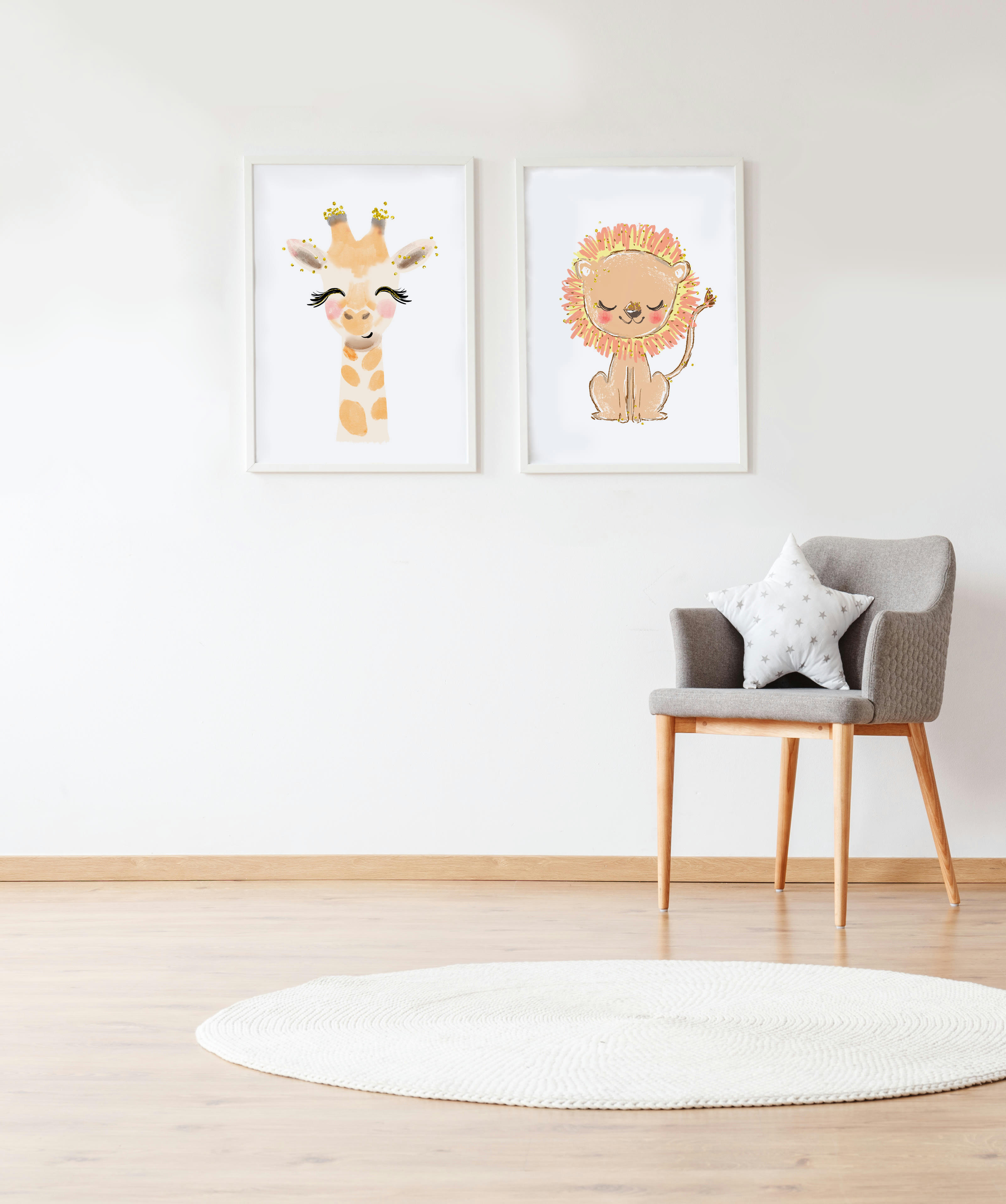 DECOWALL - Pack encadré bois blanc impression le girafe et lion 43X33 cm