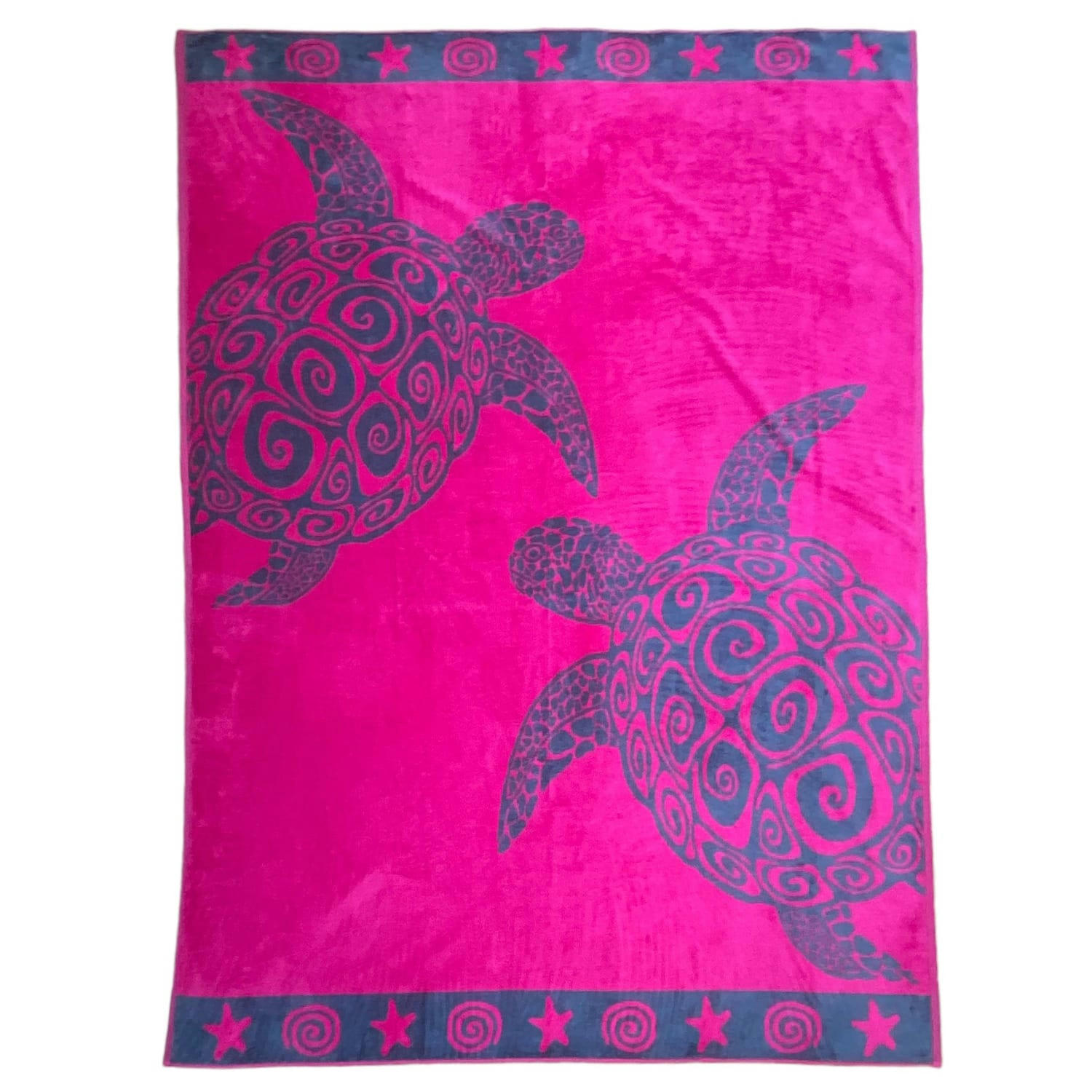 PLAGE - Serviette de plage éponge velours Jacquard fuchsia Turtles 140x180