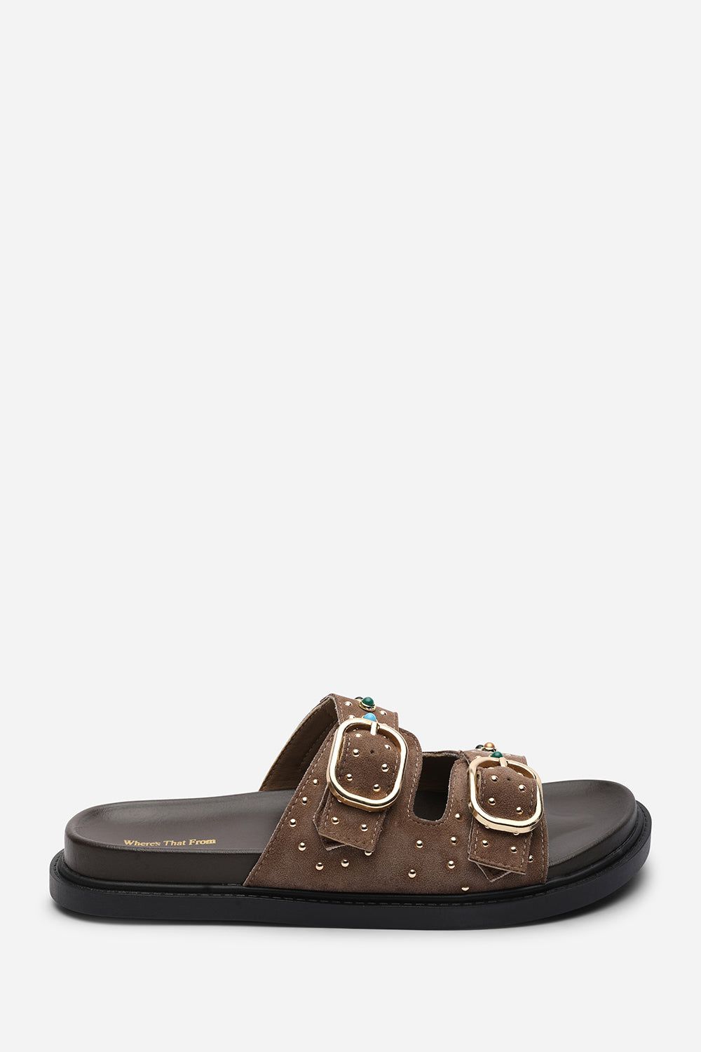 Where's That From Ceylon Diamante Stud Double Buckle Camel Suede Slide On Sandal