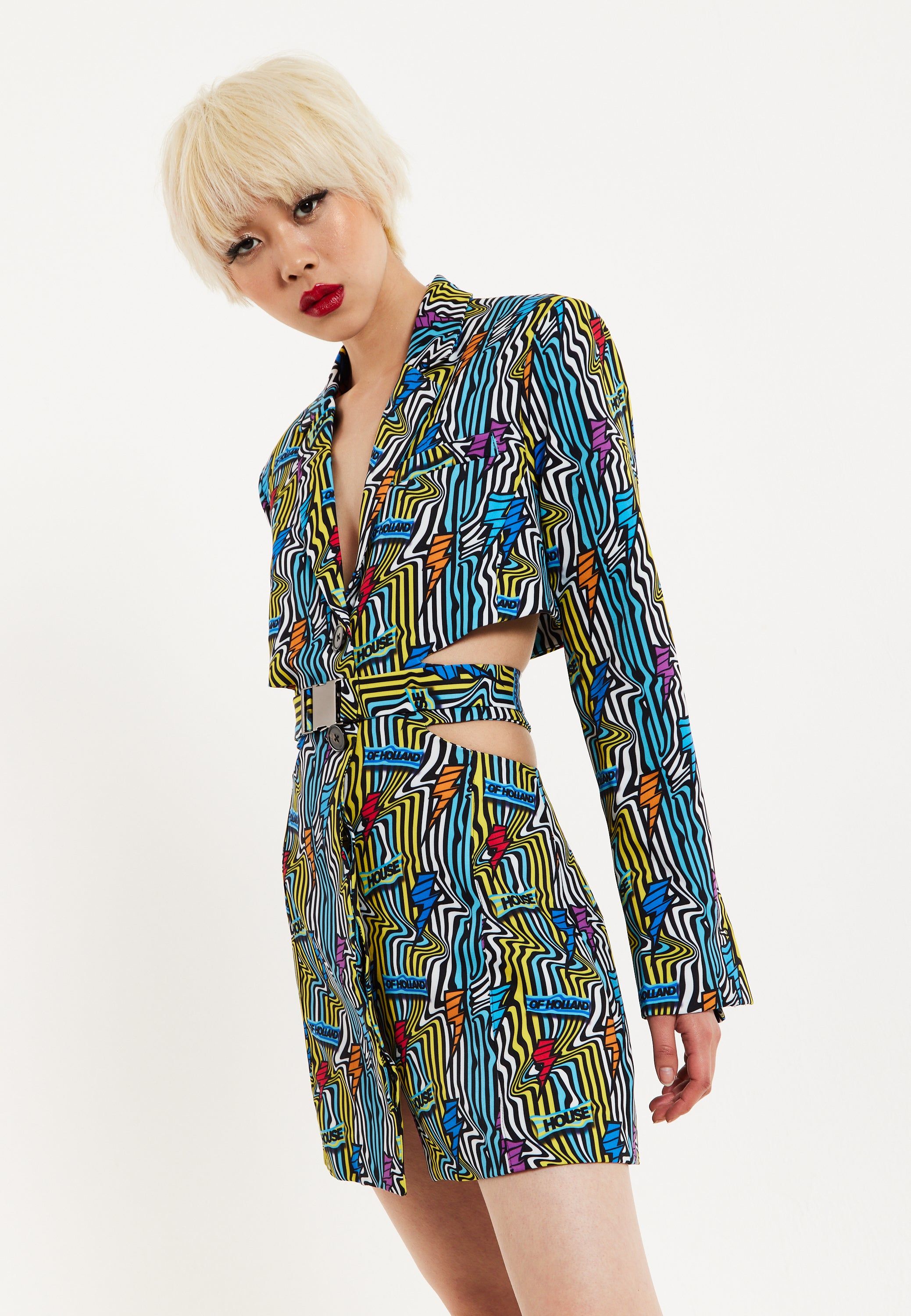House of Holland Mini Jacket Dress Lightning Bolt Print With Buckle Fastening