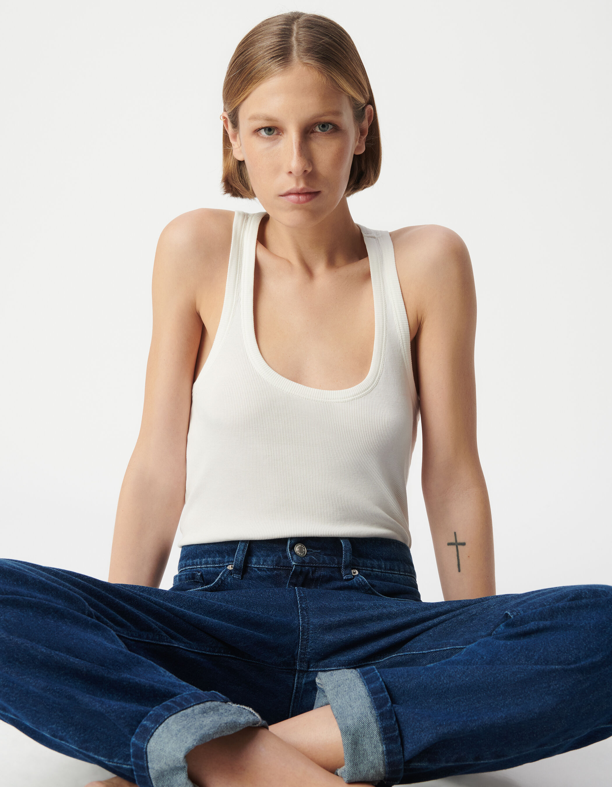 Jean boyfriend bleu cropped Femme