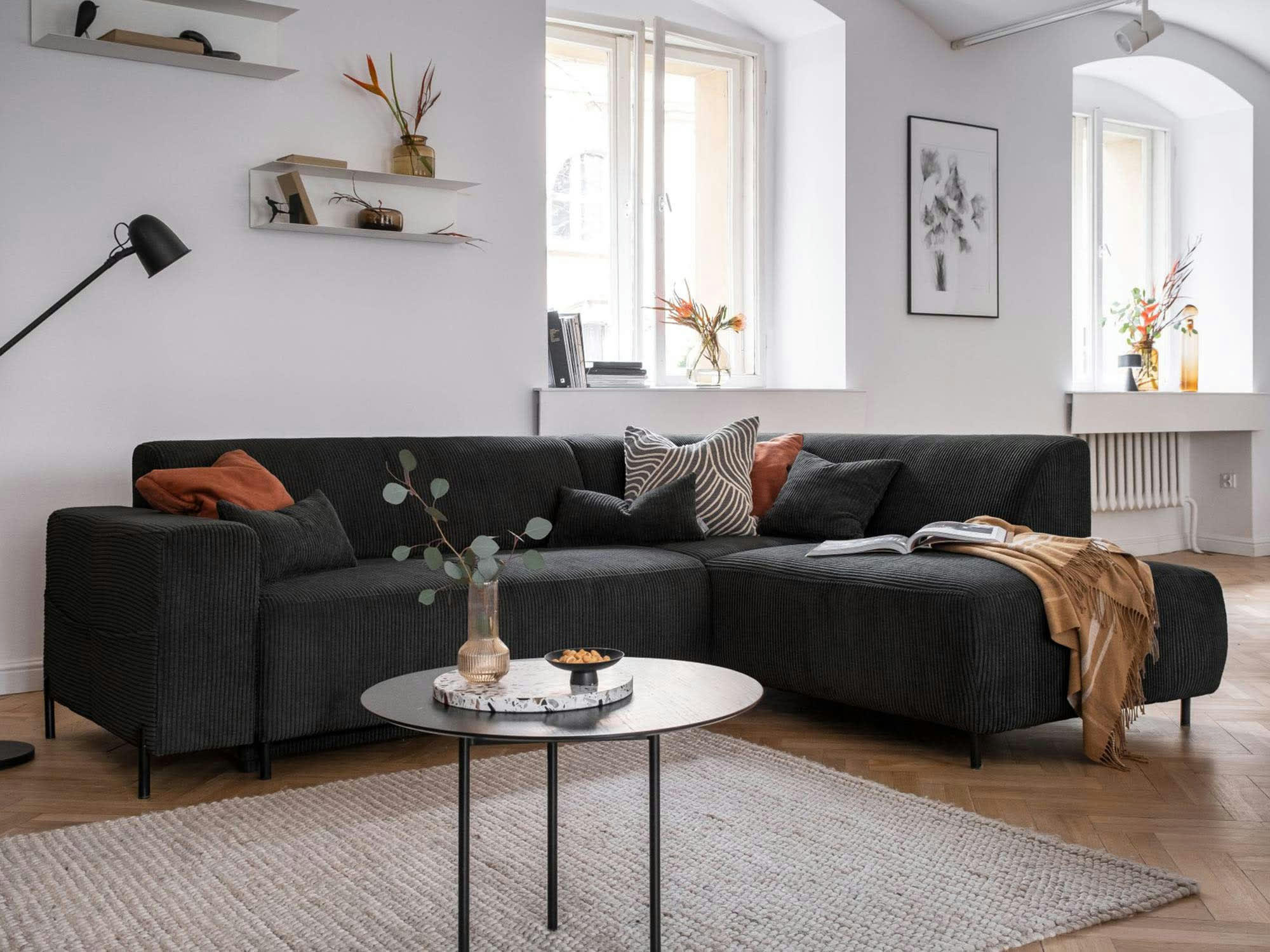 CUDDLY - Canapé d'angle droit convertible 5 places en velours côtelé gris