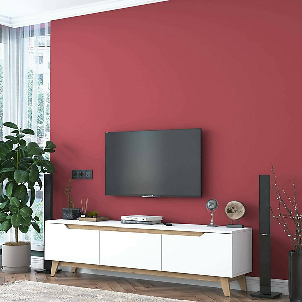 Meuble TV Apatite, Buffet de salon, Armoire basse pour TV, Base murale de rangement, 180x35h49 cm, Blanc et Noyer