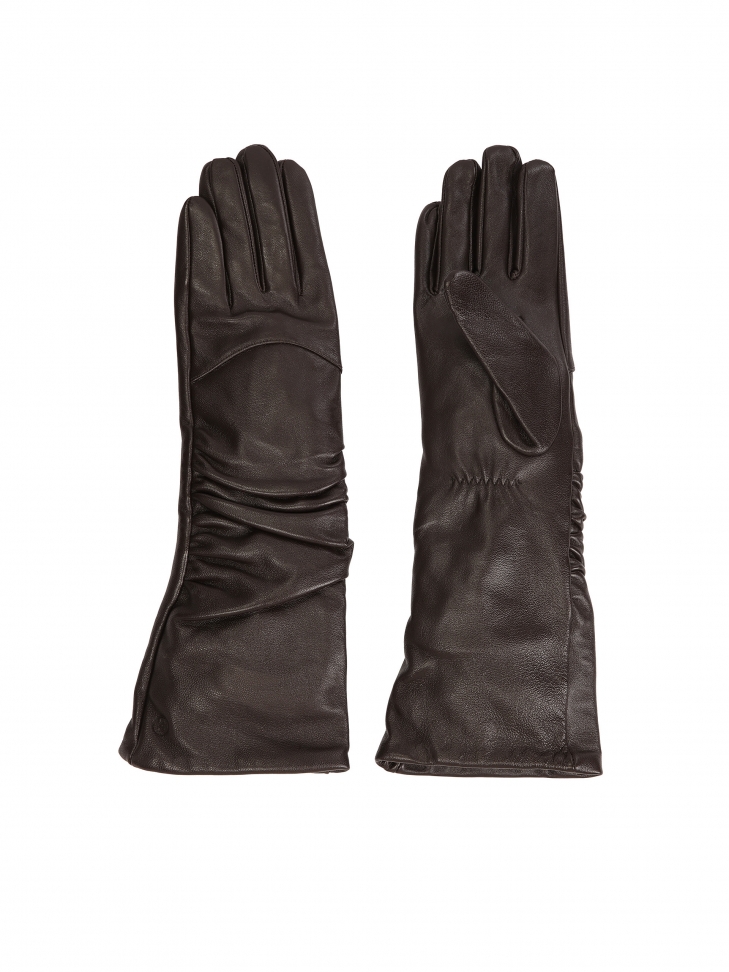 Long dark brown gloves with a crease