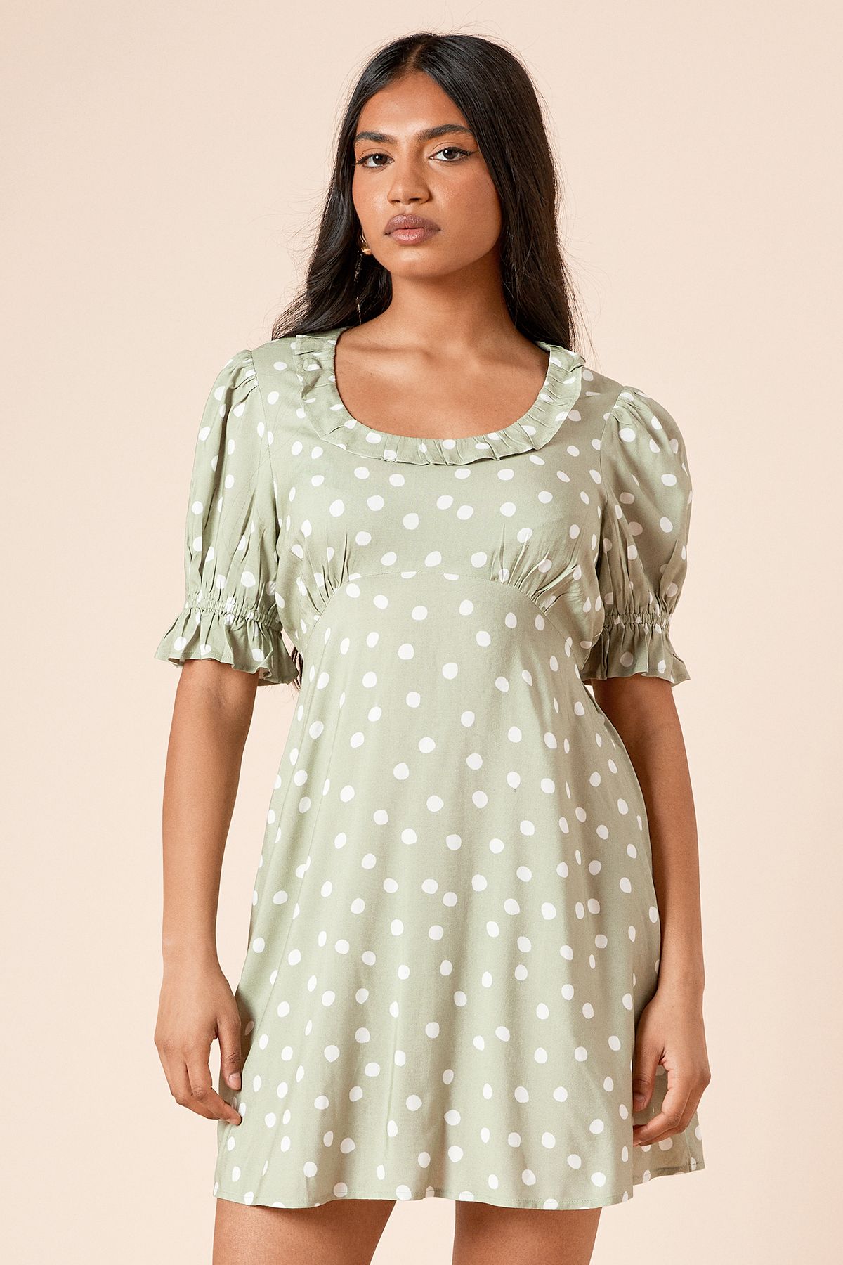 Dorothy Perkins Petite Green Spot Frill Neckline Tie Back Mini Dress