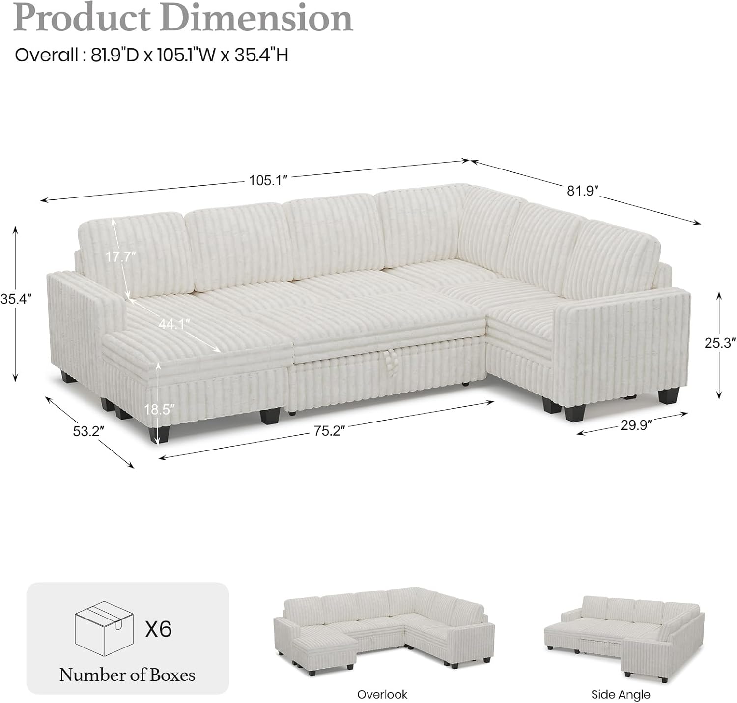 Belffin Corduroy Sleeper Sofa Bed with Storage Chaise Modular Sectional Sofa Couch with Pull Out Bed L Shaped Sectional Couches for Living Room Beige Couch