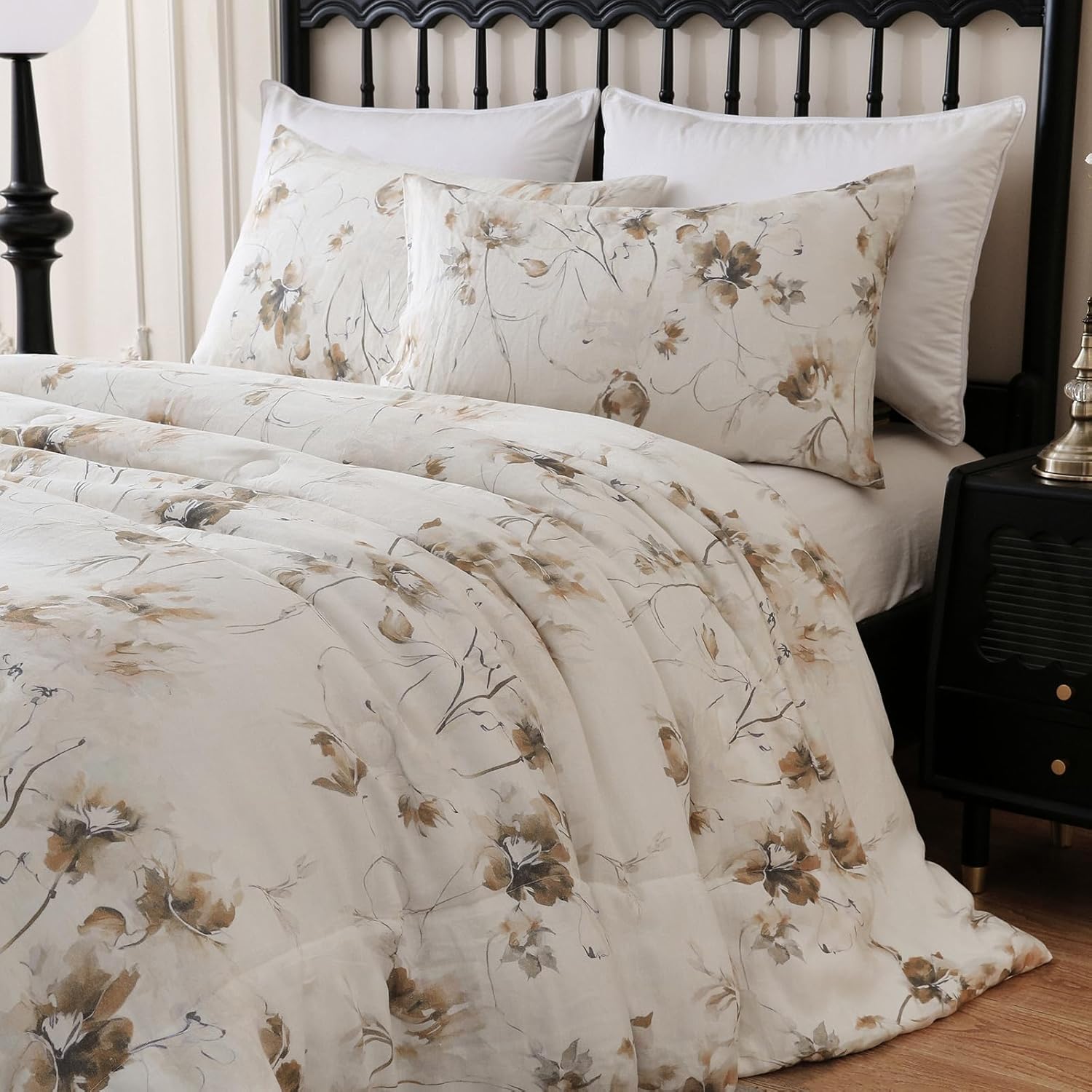 Merryword Linen Floral Comforter Set King Size 3 Pieces Natural French Flax Linen Bedding Soft Breathable Moisture Wicking Comfy