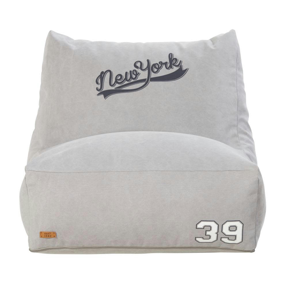 NEW YORK - Pouf en coton gris imprimé