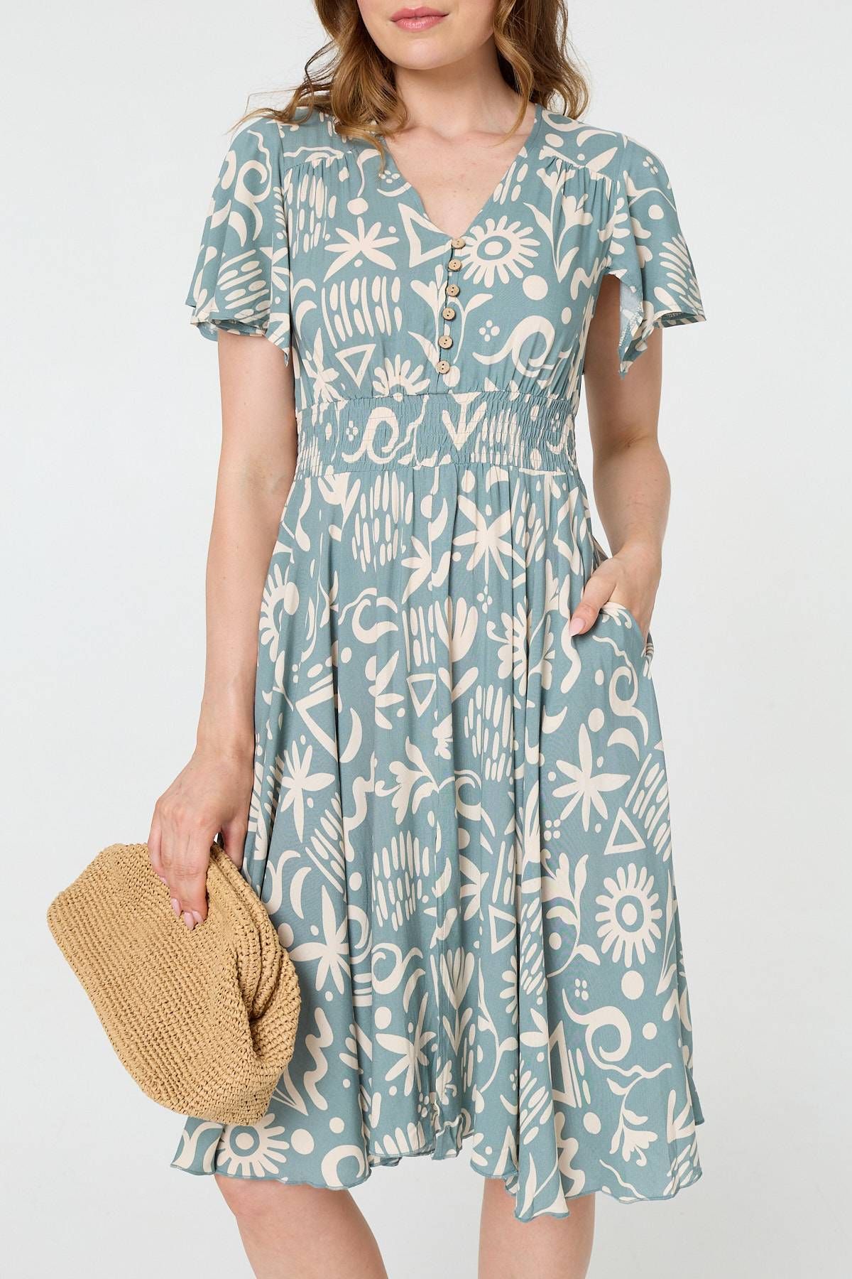 Izabel London Abstract Print Shirred Knee Length Dress