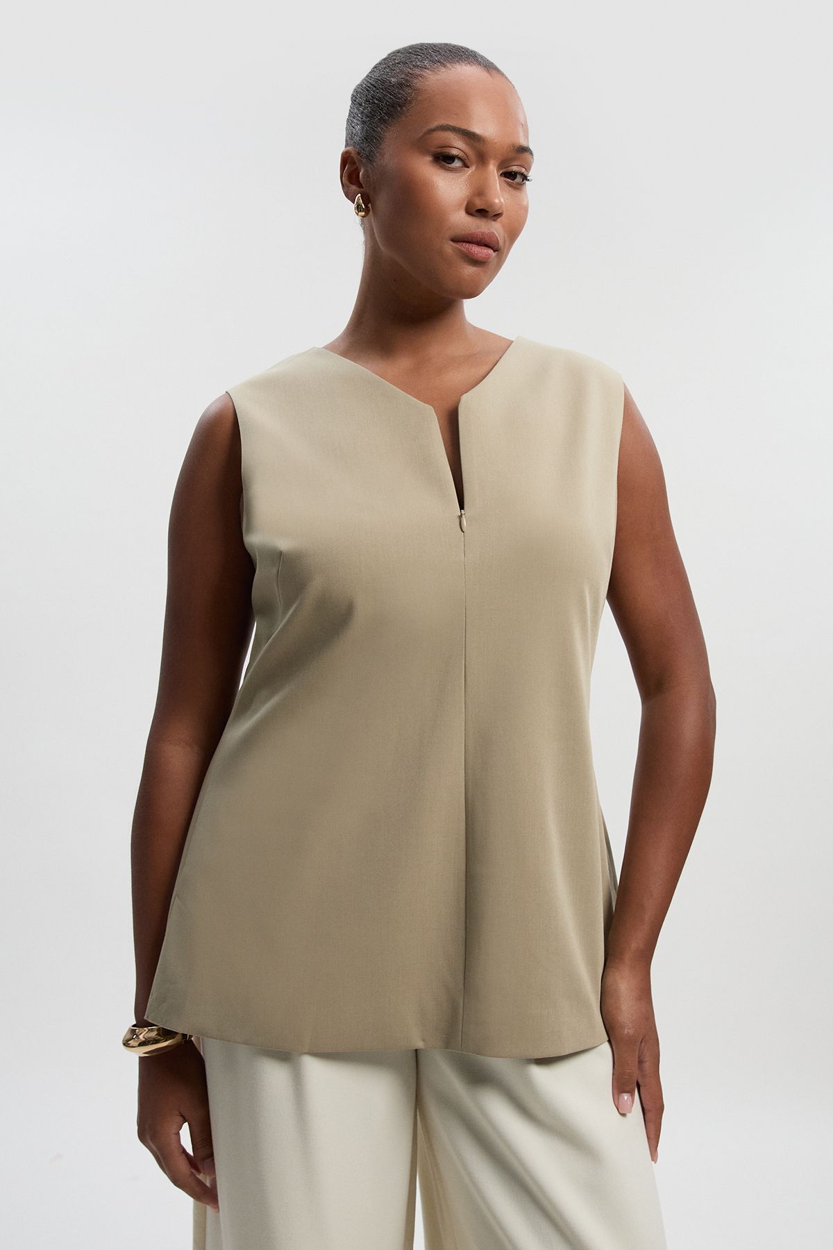 KarenMillen Plus Size Polished Viscose Sleeveless Tailored Zip Front Top
