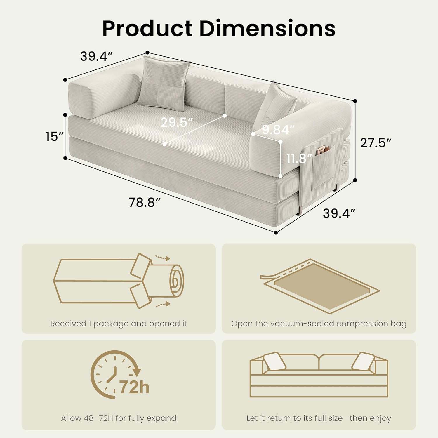 78.8 Convertible Sofa Bed,Corduroy Futon Couch with Storage Pocket,Folding Pull Out Futon Sofa,No Assembly Boneless Couch for Living Room, White | futon sofa bed, sofa, couch, loveseat, convertible sofa, boneless couch