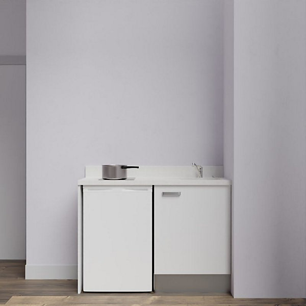 Kitchenette K08 - 120 cm - façades Blanc - Plan monobloc en quartz coloris Snova évier à droite