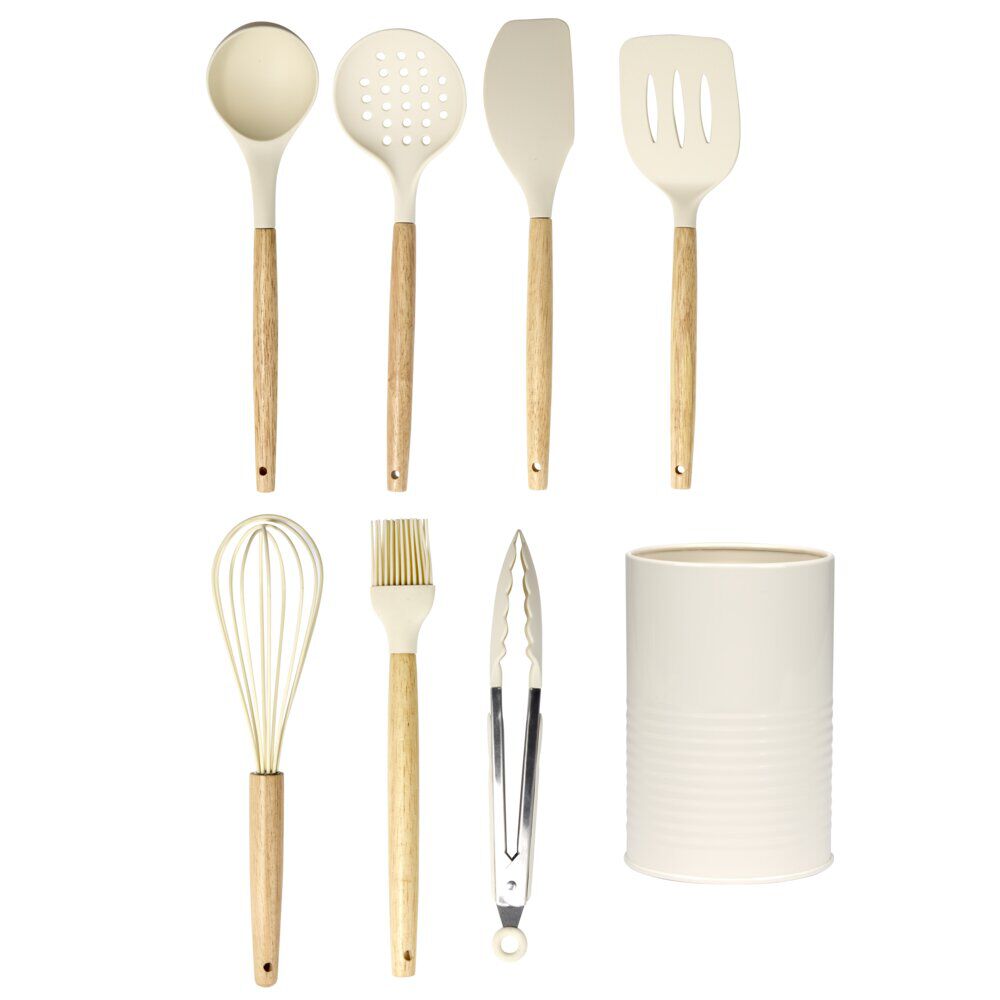 Ustensile de cuisine x7 silicone et bois avec pot beige Ø12xH35cm