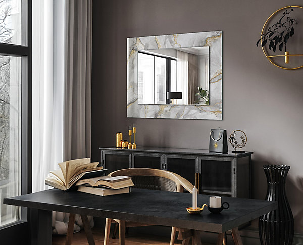 Miroir Avec Cadre En Verre Tulup 80x60 cm Marbre Veiné Miroir Design Entrée