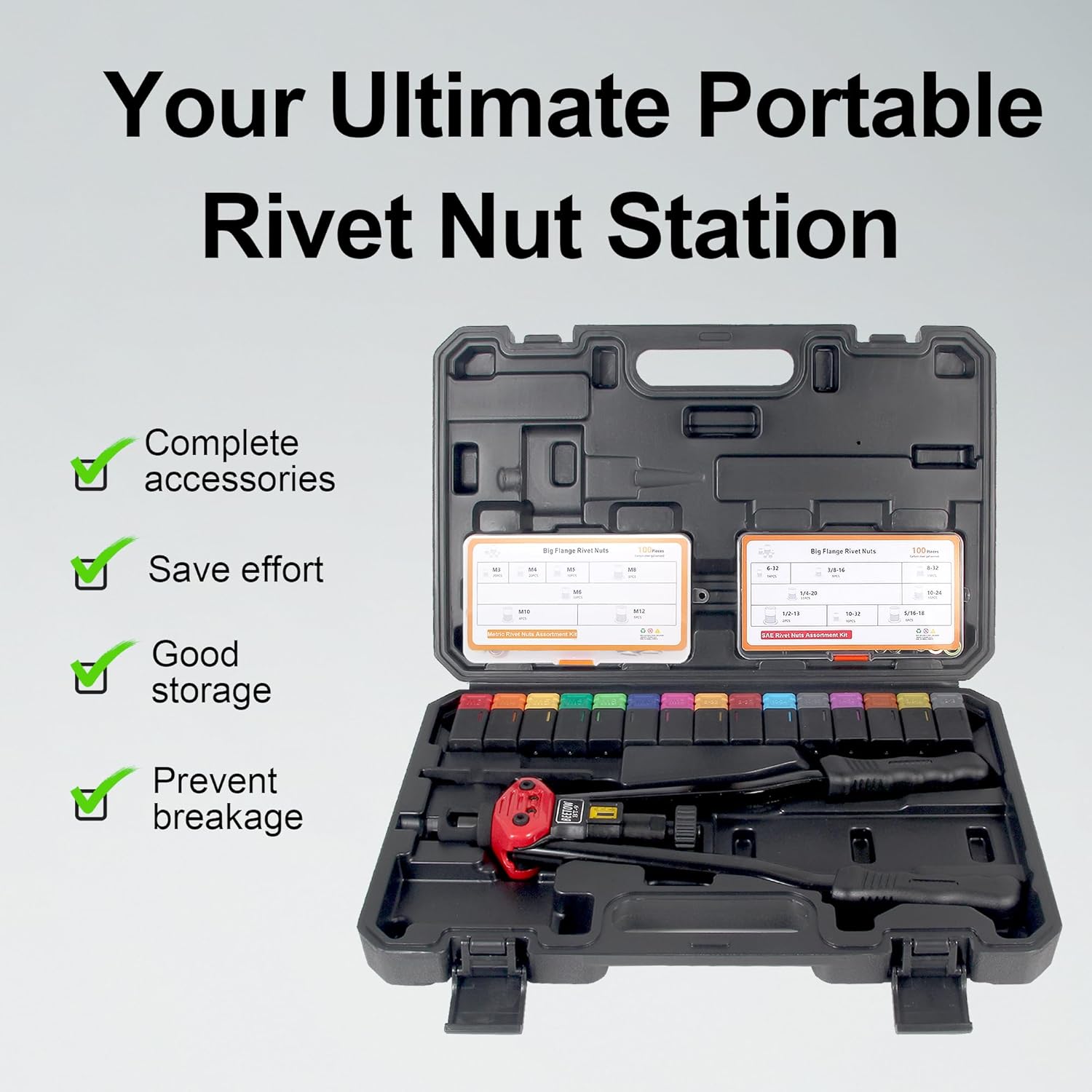 BEETOW Professional Rivet Nut Tool Kit – 16'' Rivnut Gun with 15 SAE & Metric Mandrels (M3–M12, #6, #8, #10, 1/4, 5/16, 3/8, 1/2'') & 200 Nutserts, Stroke Widgets, for Automotive & Metal Repair