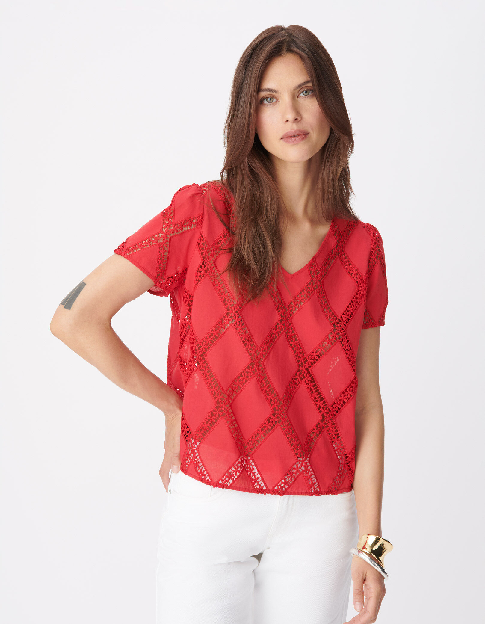 Blouse rouge galons dentelle réversible devant/dos Femme