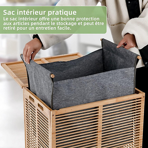 Panier à Linge en Bambou de 80 L Coffre à Linge avec Couvercle Sac à Linge Amovible pour le Linge Sale Coffre à Linge