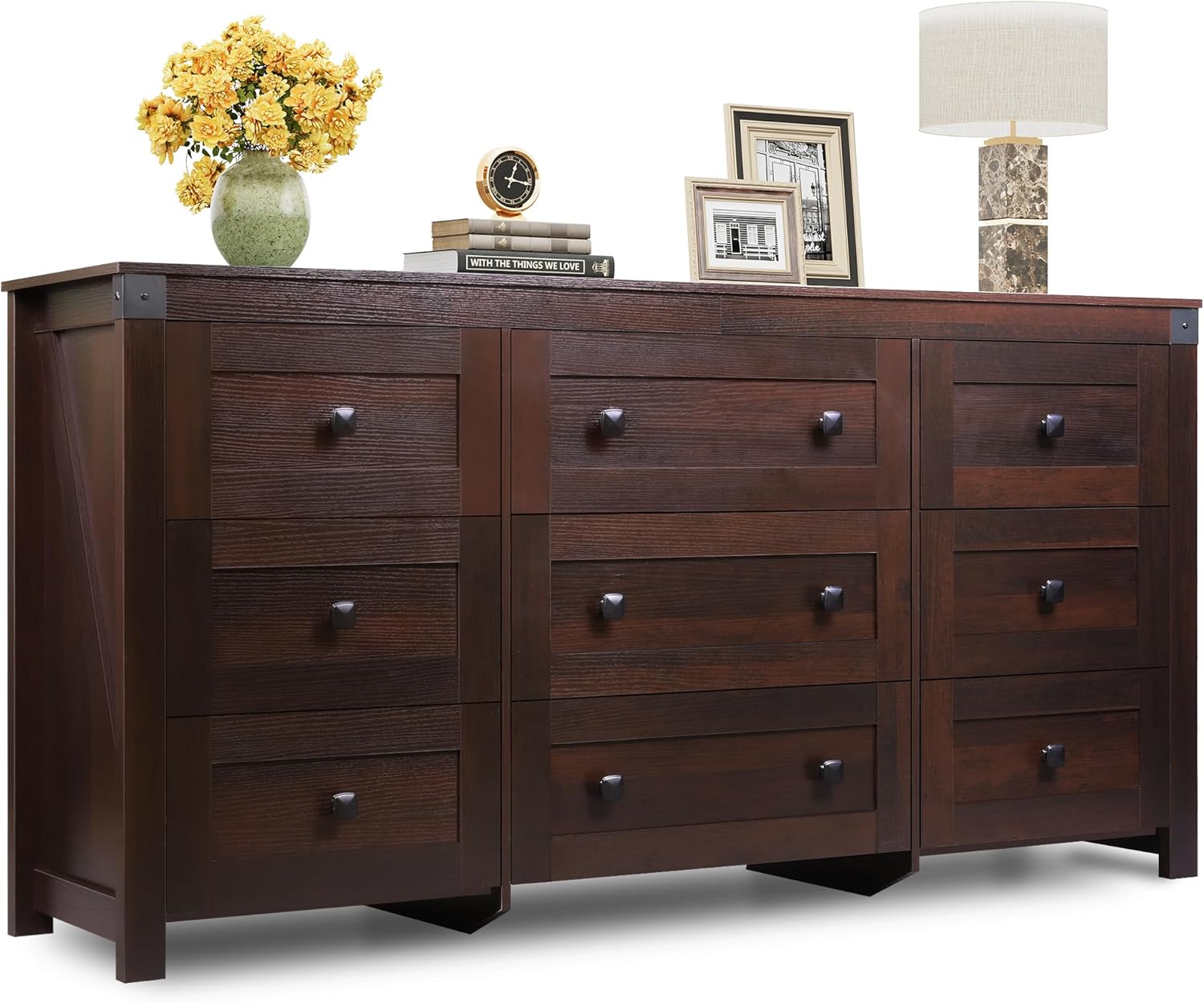 WLIVE Farmhouse Dresser for Bedroom, 63 Wide 9 Drawer Dresser Storage Organizer, Wood Chest of Drawers for Bedroom, TV Stand for 70 inch TV for Living Room, Hallway, Ball Bearing Slide (Brown)