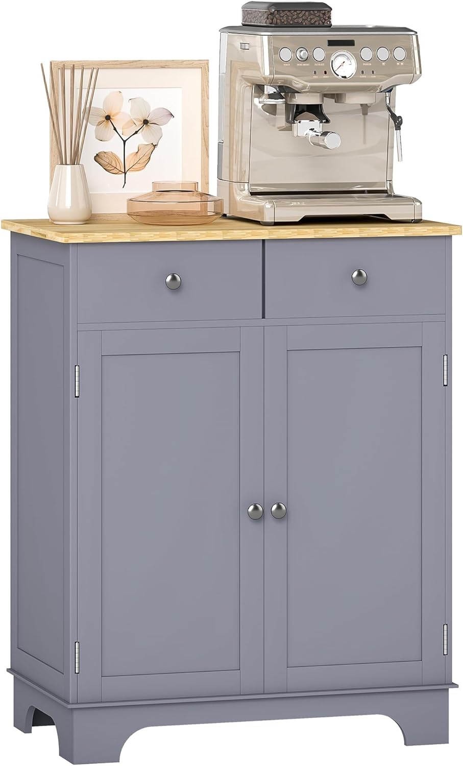 HOMCOM Sideboard Buffet Cabinet with Solid Wood Countertop, Modern Kitchen Storage Cabinet, Coffee Bar Cabinet with 2 Drawers, Doors and Adjustable Shelf, Gray