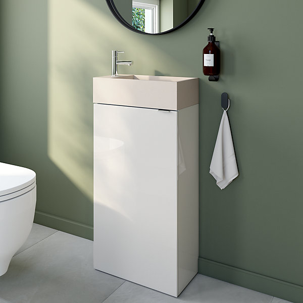 Meuble lave-mains à poser blanc brillant l.44 cm Imandra   plan vasque béton beige moucheté, GoodHome