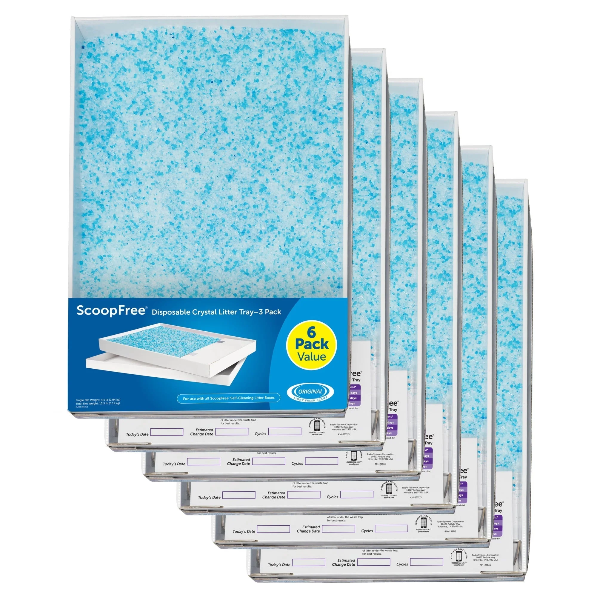 PetSafe ScoopFree Complete Replacement Blue Crystal Litter Tray 6-Pack Easy Cleanup with Disposable Tray Includes Leak Protection and Low Tracking Litter(6)