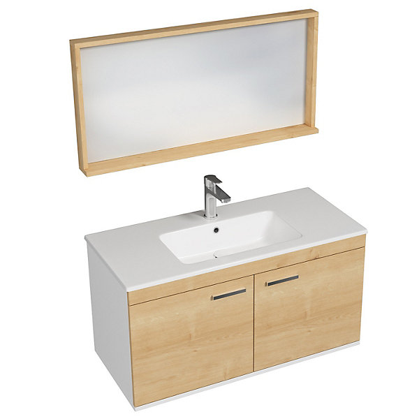 Meuble salle de bain RUBITE simple vasque 2 portes Chêne clair L. 100 cm   miroir cadre - Saniverre