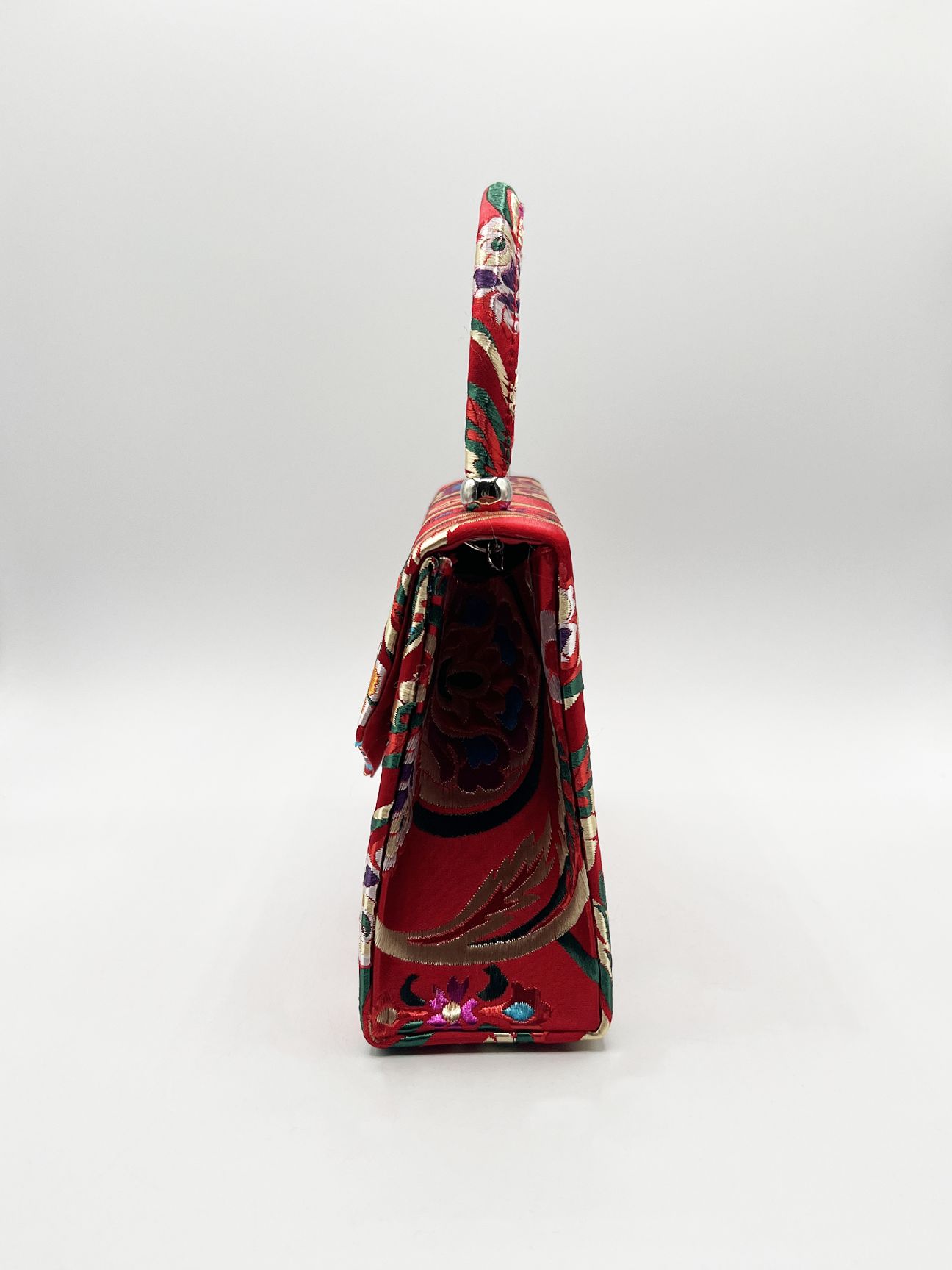 SVNX Floral Satin Embroidered Top Handle Bag in Red