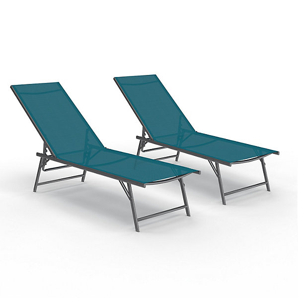 Lot de 2 transats de jardin inclinables KAILUA en acier gris anthracite et toile bleu canard