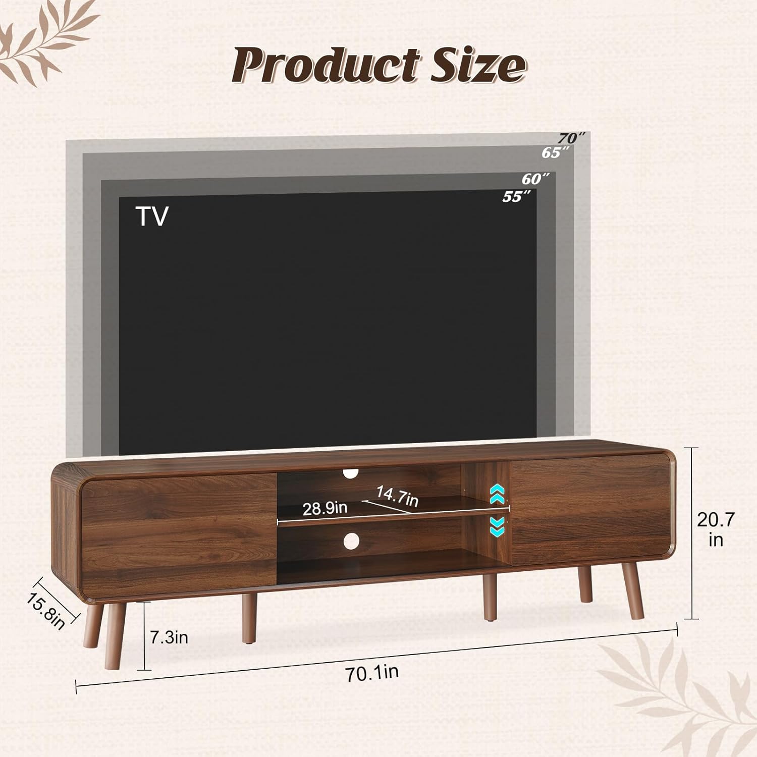 70 Mid Century Modern TV Stand for Tvs up to 80, Entertainment Center with Storage, Sideboard Media Console for Living Room with 2 Sliding Door/Adjustable Shelves, Walnut