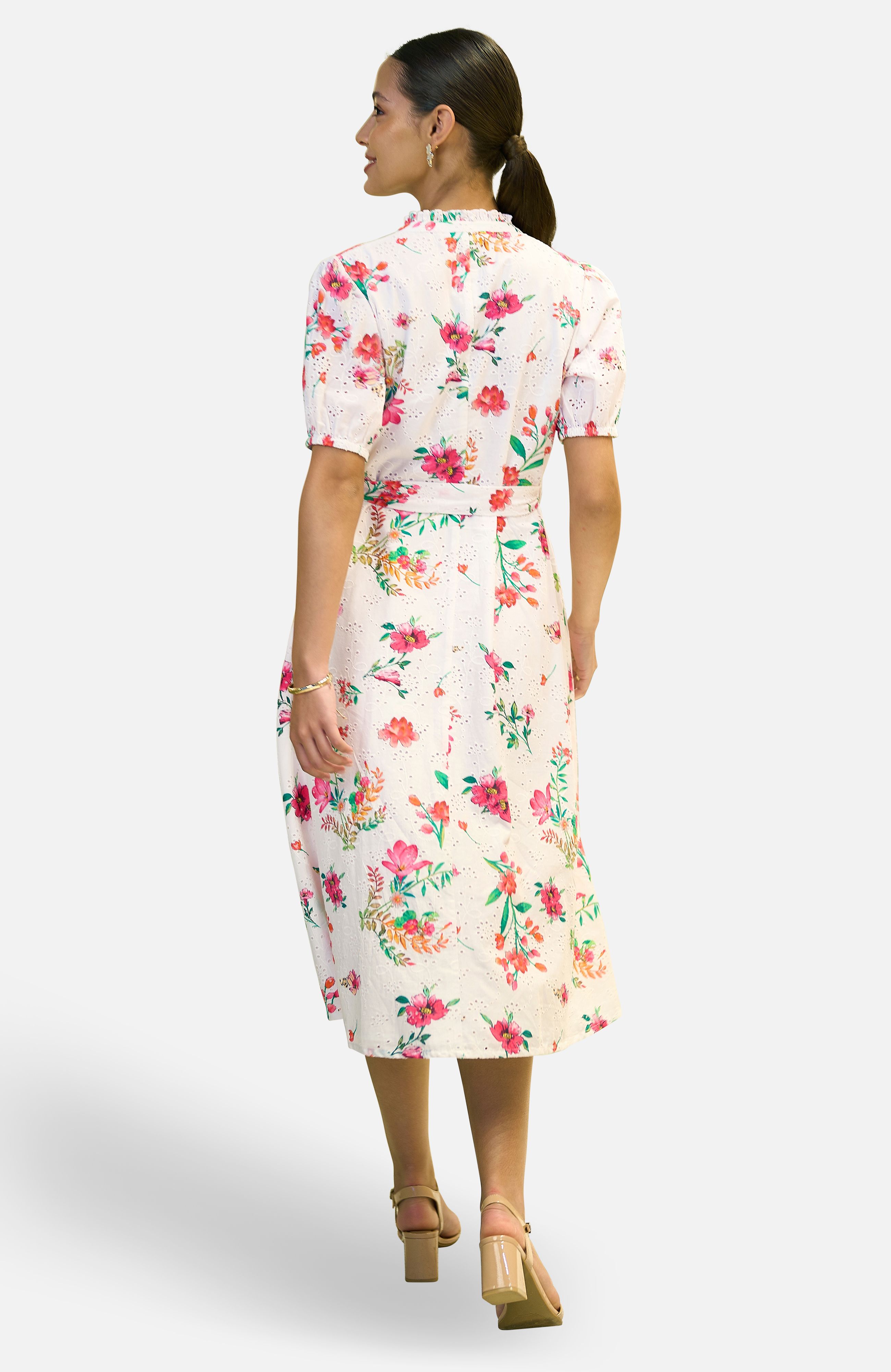 Yumi White Floral Print Cotton Broderie Anglaise Midi Shirt Dress
