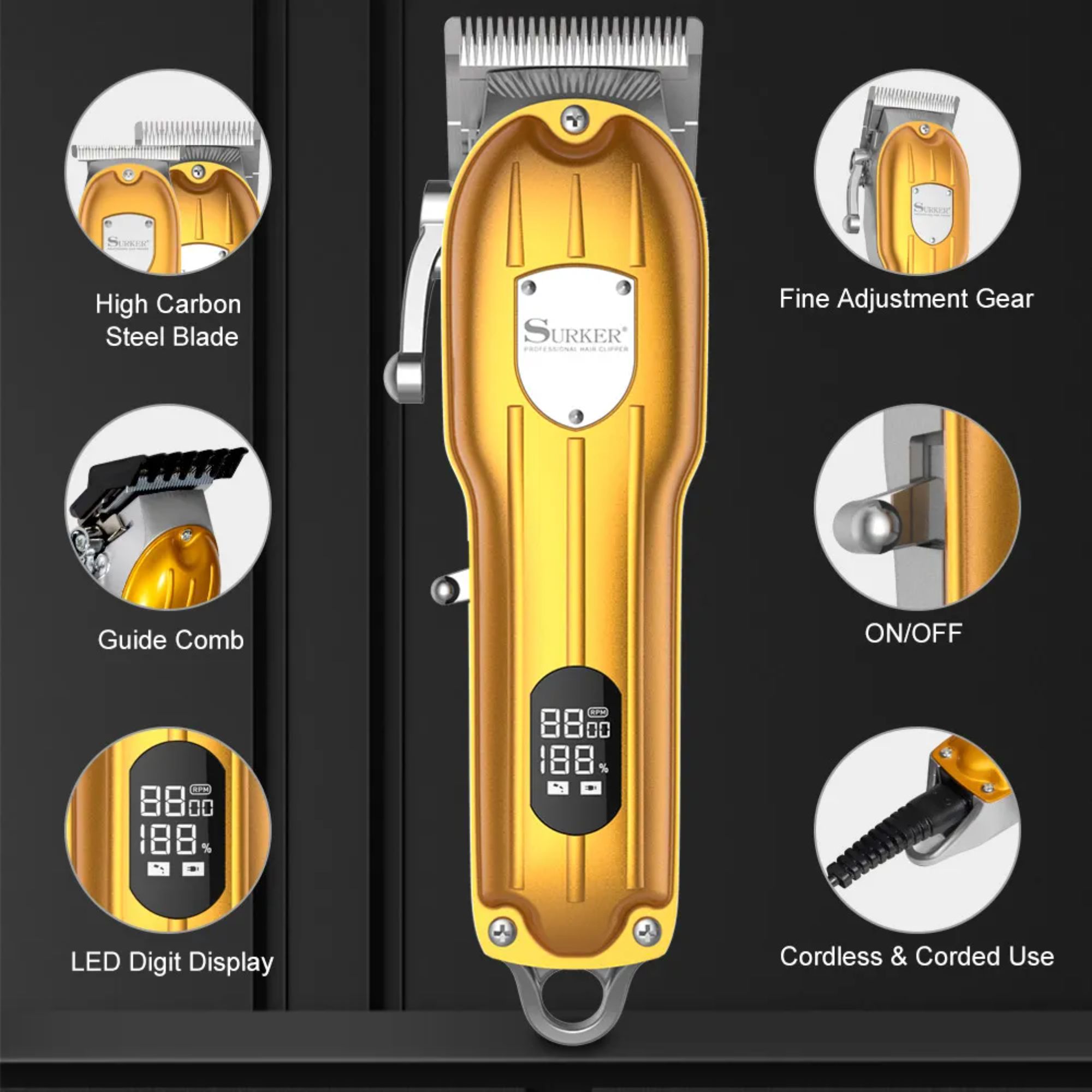 Surker Professional LED Haircut Grooming Kit 1 Complete Set Hair Trimmer And Clipper