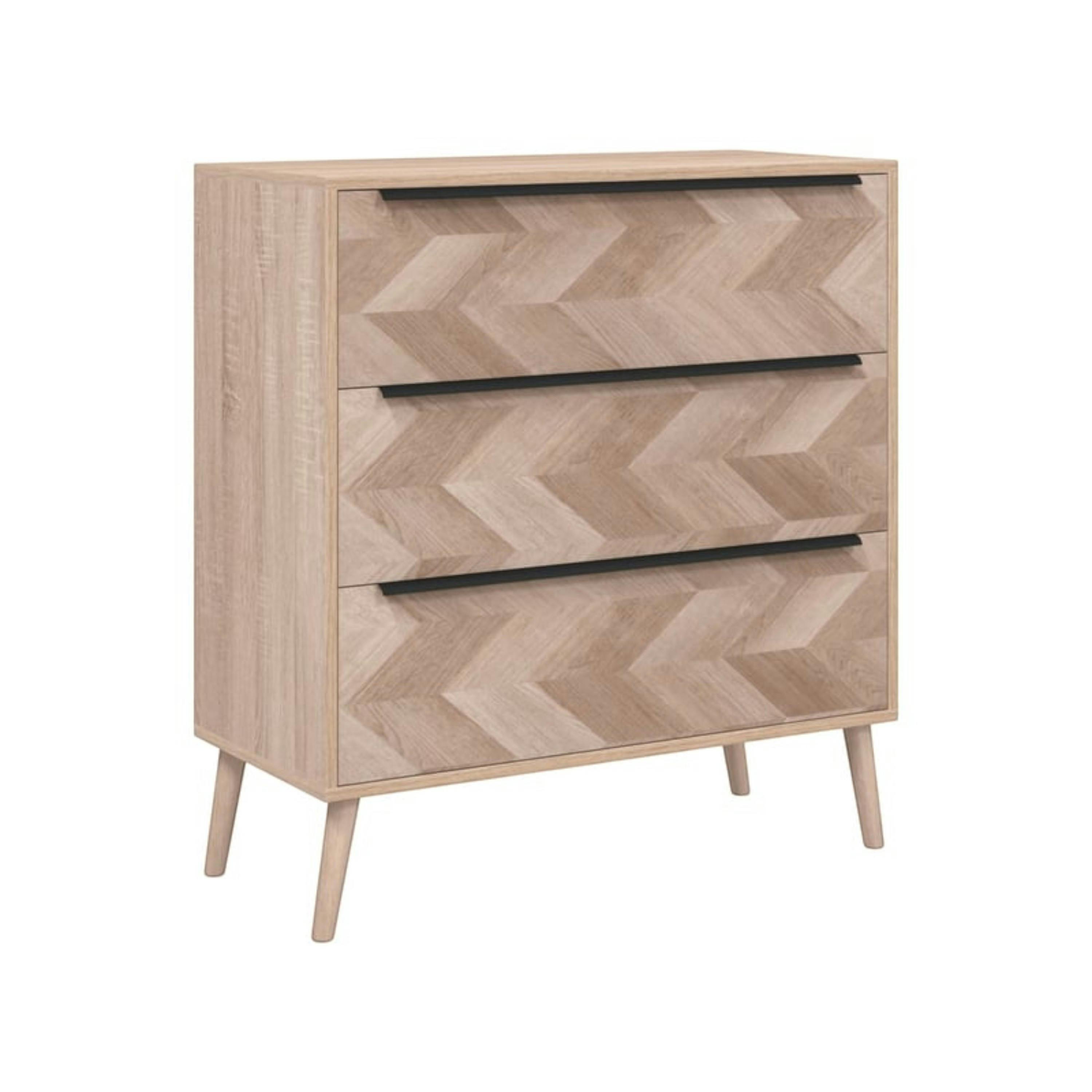 Commode 3 tiroirs décor bois motif chevron ALVA
