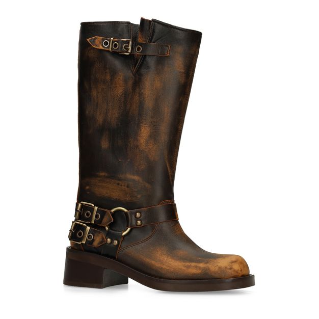 Brownwashed buckle biker boots