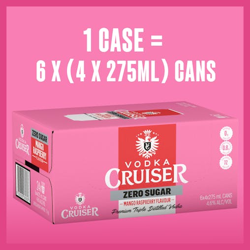 Vodka Cruiser Sugar Free Mango Raspberry, Refreshing Flavoured Pre-Mixed Vodka Drink, 4.6% ABV, 275mL (Case of 24 Cans)