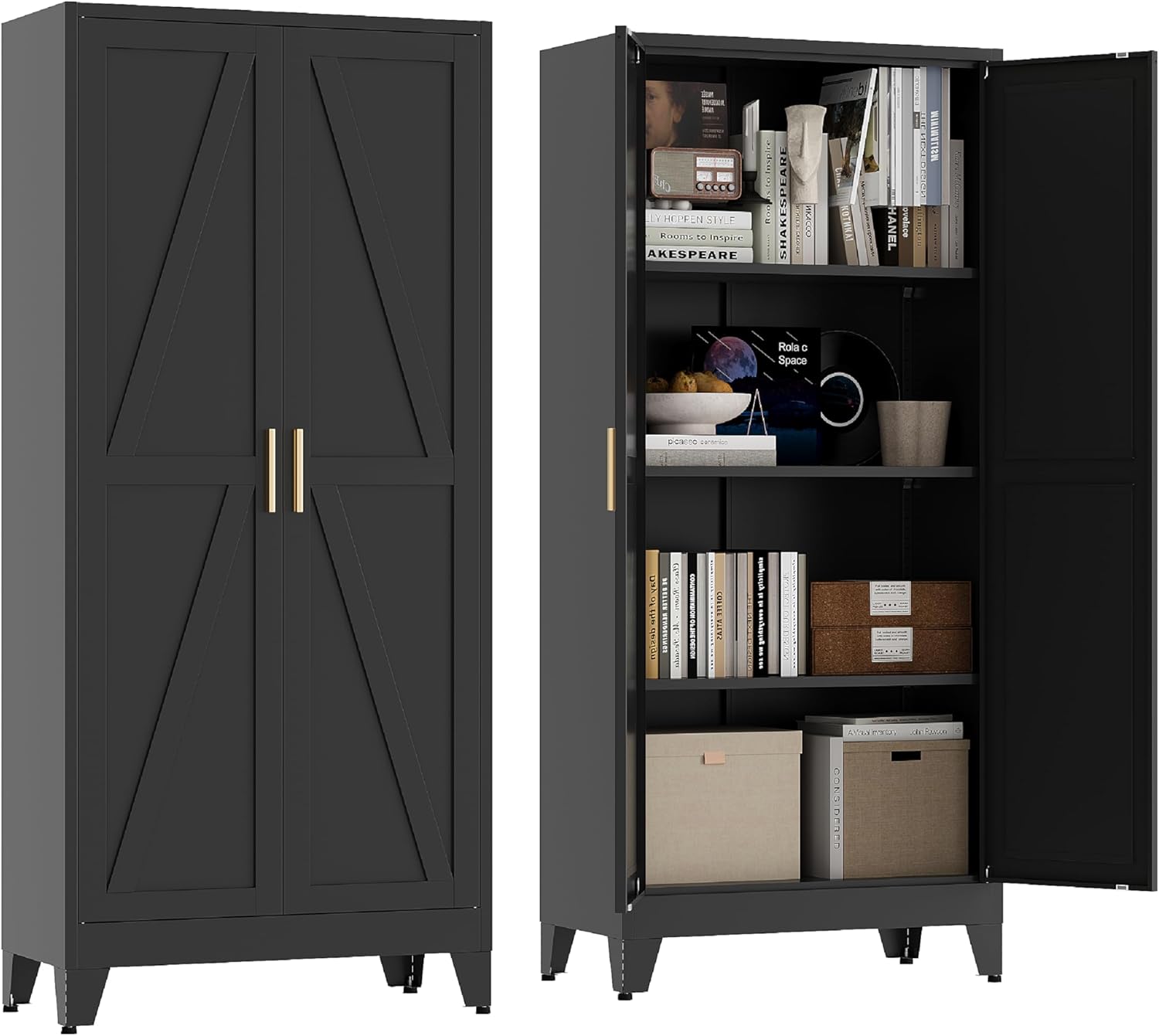 Metal Pantry Cabinet, 61”H Kitchen Pantry Storage Cabinets with 2 Doors & 3 Adjustable Shelves, Black Kitchen Pantries Cabinet, Tall Cabinet with 2 Gold Handles for Dining Room, Living Room