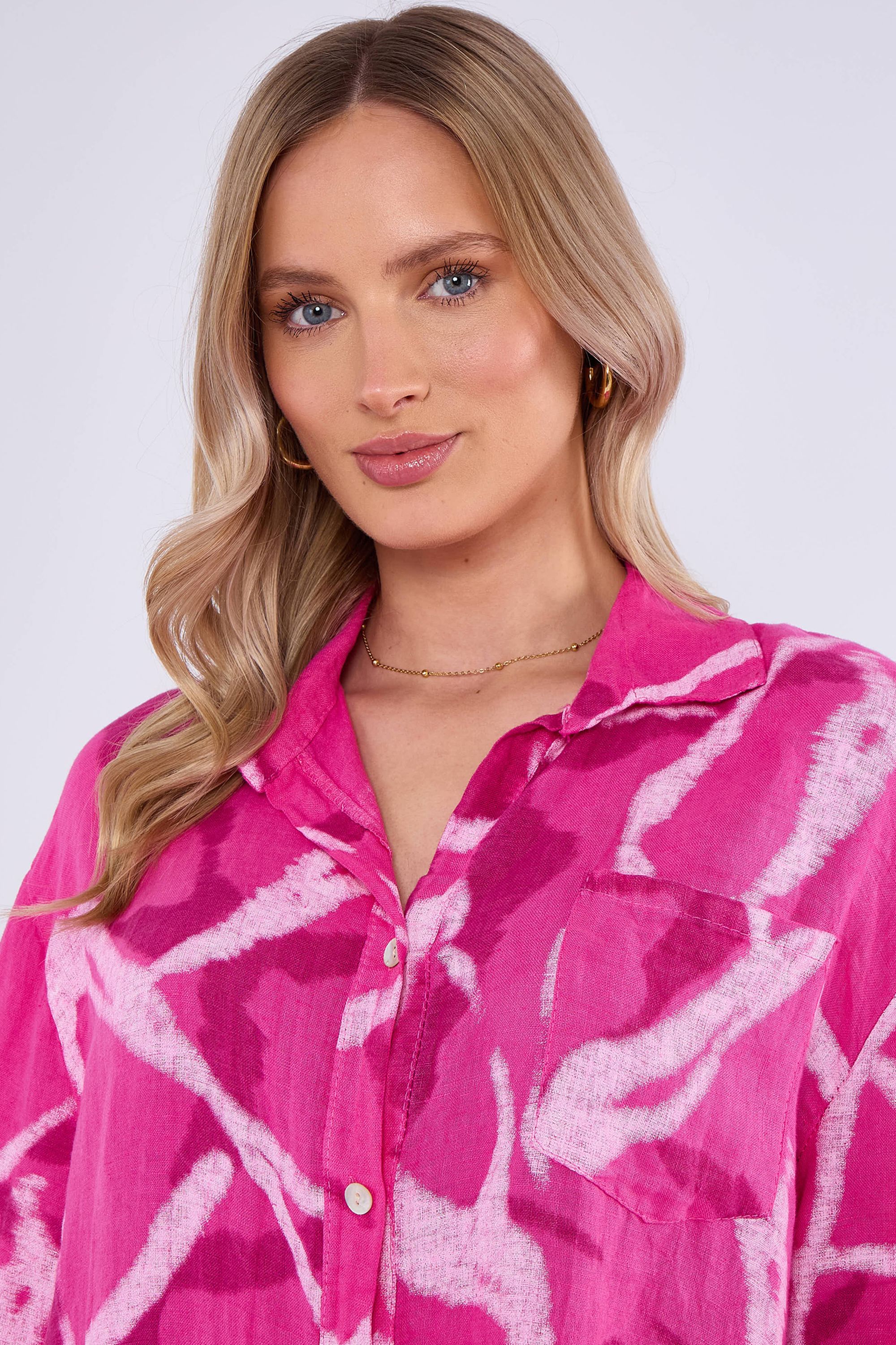 Gini London Pink Linen Abstract Print Mini Shirt Dress