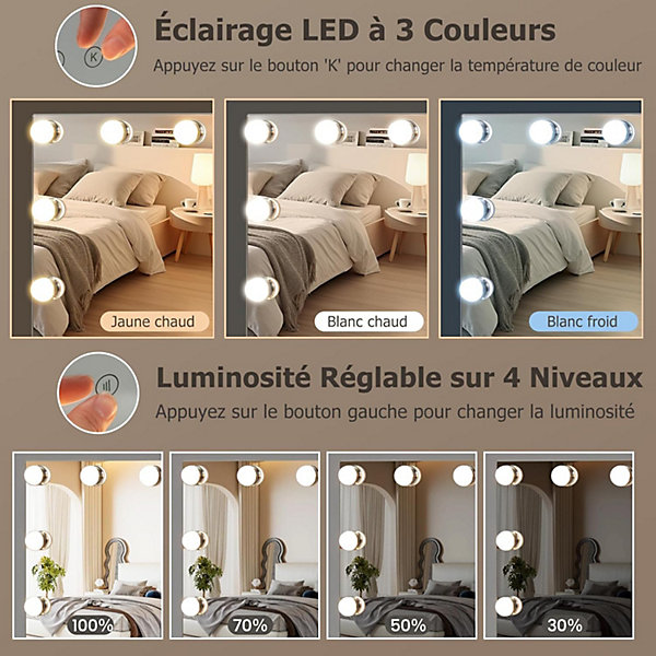 Miroir de Coiffeuse, avec 18 Ampoules LED à Intensité Variable, 3 Modes d'éclairage de Couleur et 4 Luminosités Réglables