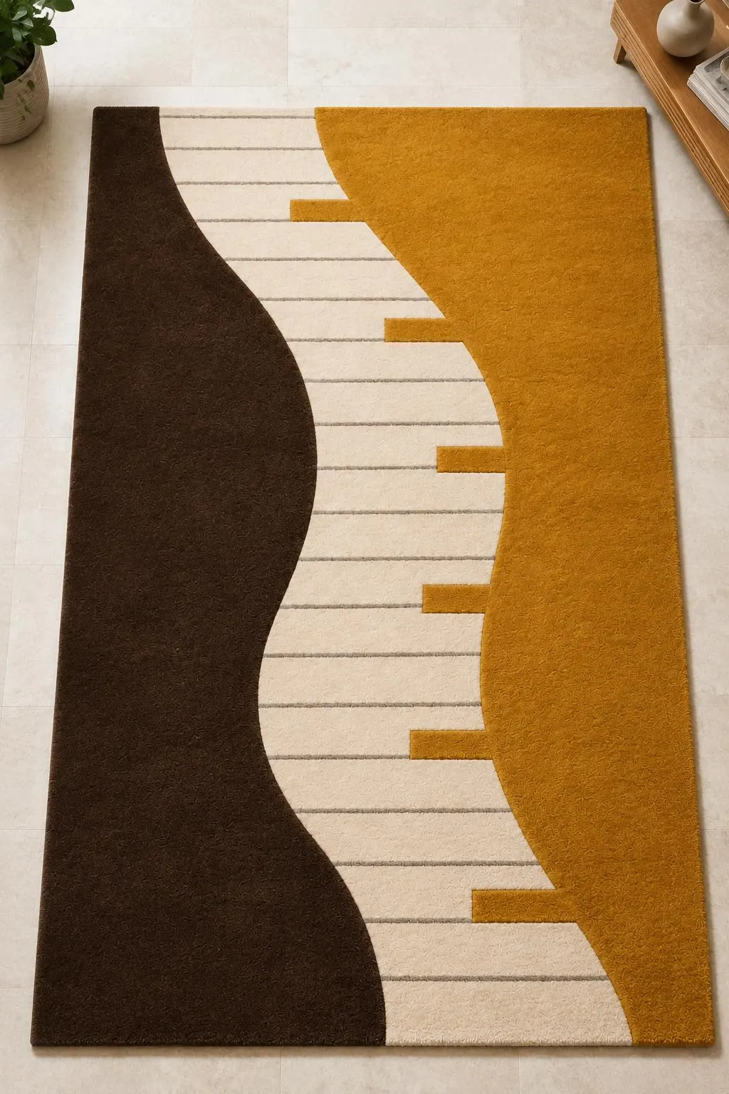 Modern Abstract Geometric Rug, Brown Mustard Yellow Cream Area Rug, Contemporary Handmade Carpet, Living Room Bedroom Decor