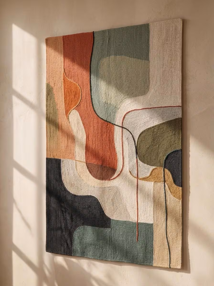 Handmade Wall Hanging Tapestry Rug, Abstract Organic Modern Textile Wall Art, Boho Wool Rug Tapestry for Living Room Deco