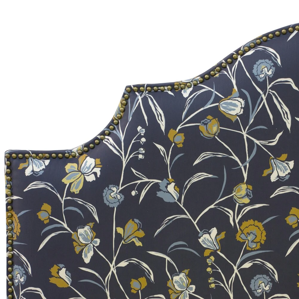 Skyline Furniture Nail Button Headboard in Whisp Floral Navy Ochre