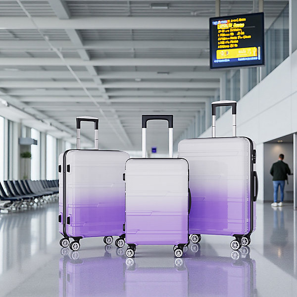 Ensemble de 3 Valises Rigides ABS Dégradé Bagage Cabine &Soute, 4 Roues 360, Serrure à Code, Pèse-Bagage, Violet/Rose,