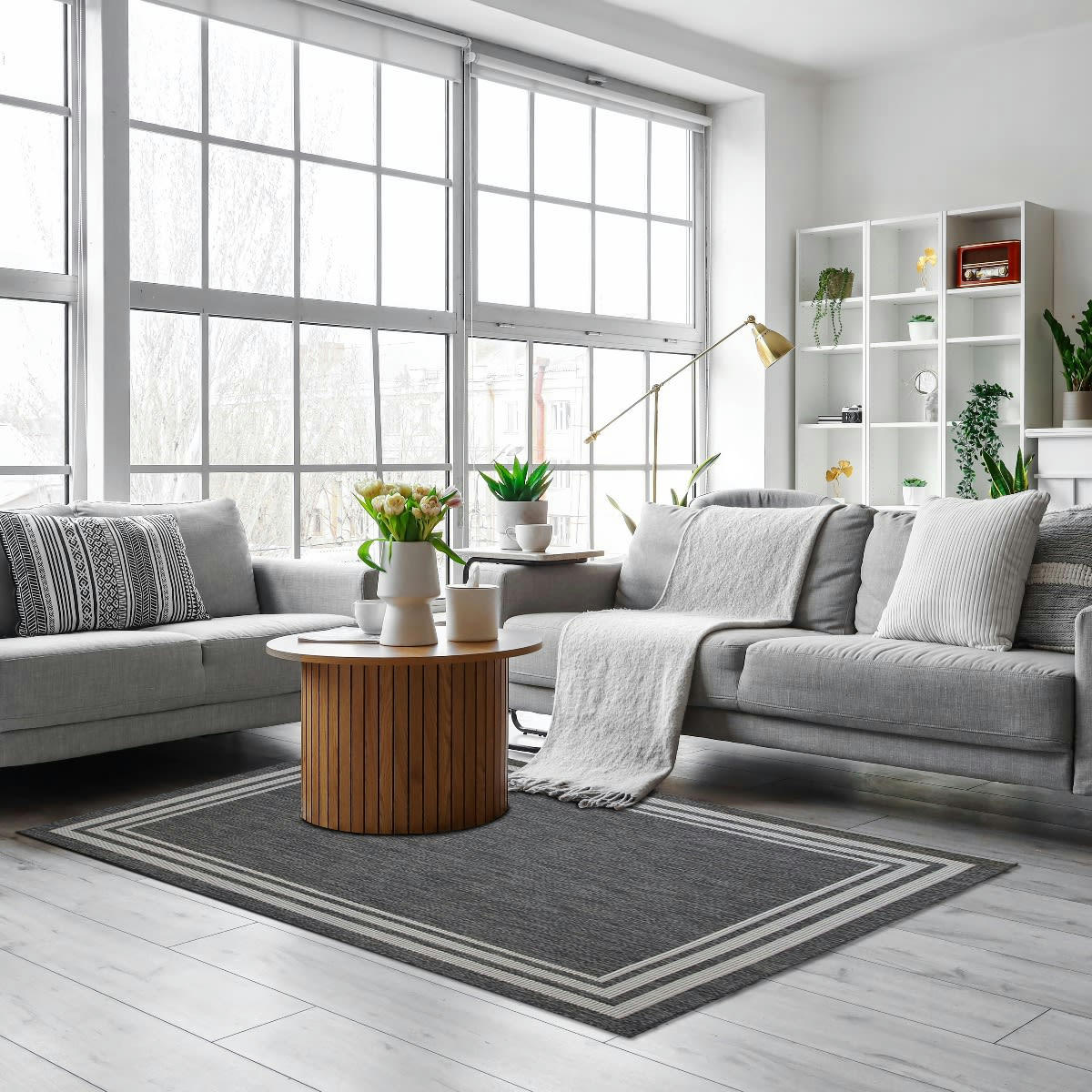 TERRAIN - Tapis intérieur-extérieur aspect jute motif cadre noir 133x170