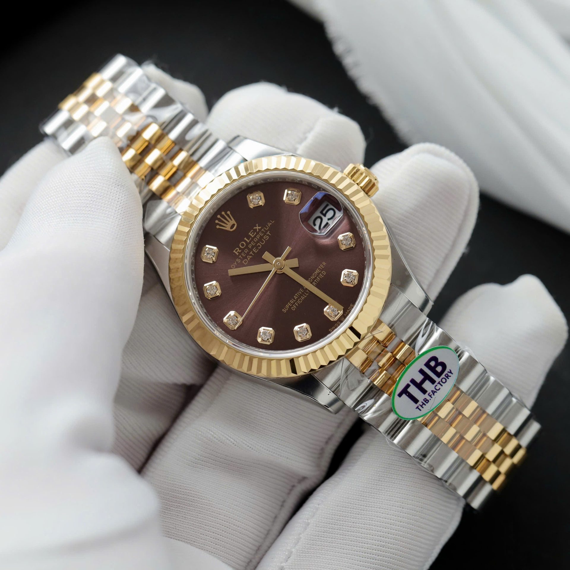 Rolex Datejust SS/YG Plated Wine Dial CZ Diamonds 31mm Jub THBF Replica