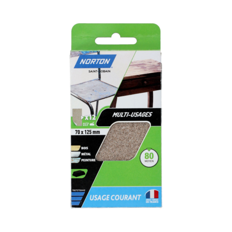 Papier abrasif G80 7 x 12,5 cm 12 pièces NORTON