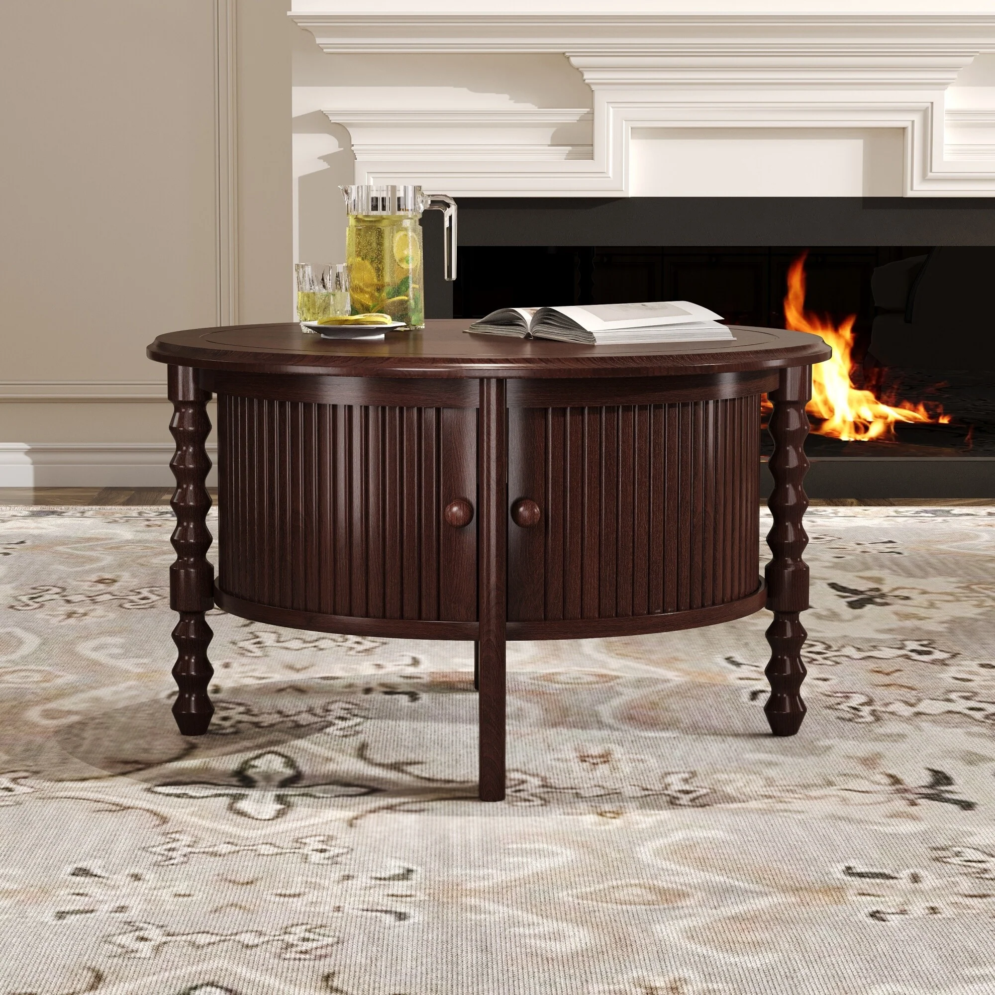 Vintage Round Coffee Table - 30.3 Mid-Century Modern, Sliding Door & Slatted Design